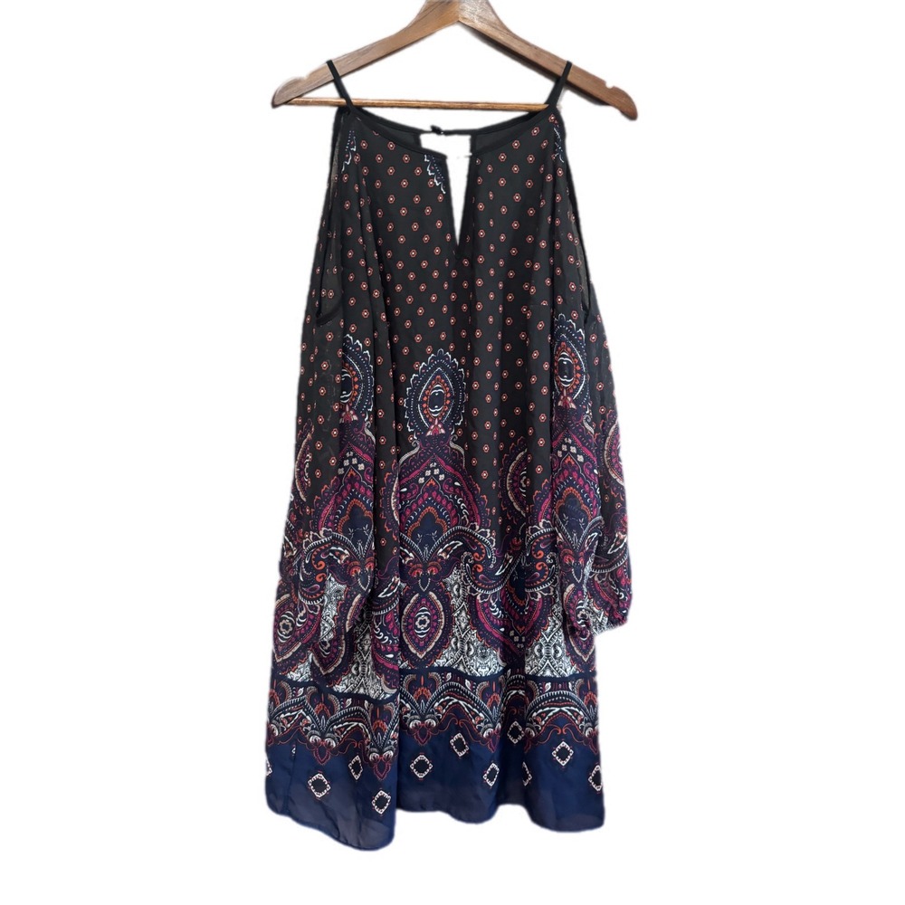 By & By Cold Shoulder Dress Womens 1X Black Paisley Chiffon Excellent Boho Mini
